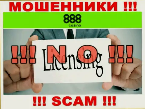 На веб-сервисе организации 888 Казино не предоставлена инфа об наличии лицензии, очевидно ее НЕТ