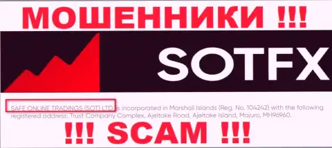 Информация об юр. лице организации Sot FX, им является SAFE ONLINE TRADINGS (SOT) LTD