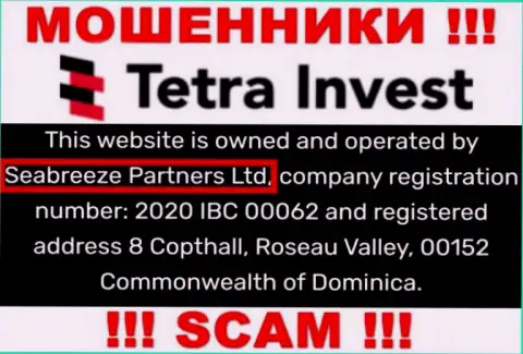 Юр лицом, управляющим интернет махинаторами Тетра-Инвест Ко, является Seabreeze Partners Ltd