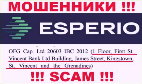 Незаконно действующая организация Esperio Org зарегистрирована в офшорной зоне по адресу - 1 Floor, First St. Vincent Bank Ltd Building, James Street, Kingstown, St. Vincent and the Grenadines, будьте крайне внимательны