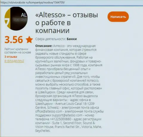 Данные о дилинговой конторе АлТессо на онлайн-ресурсе OtzivioRabote Ru